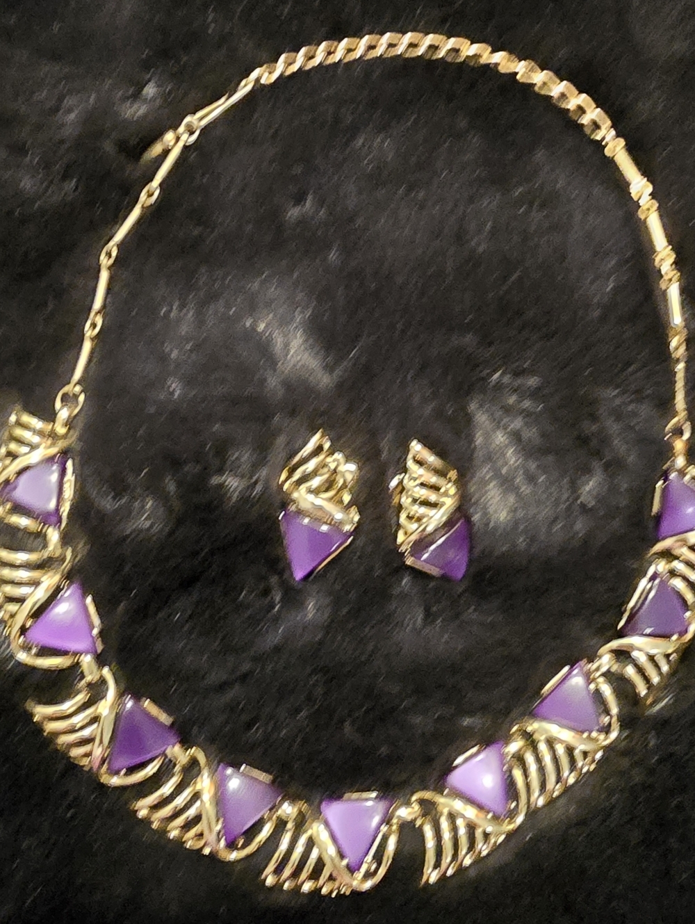Vintage Mid-Century Coro Amethyst Moonglow Lucite Necklace and Earrings